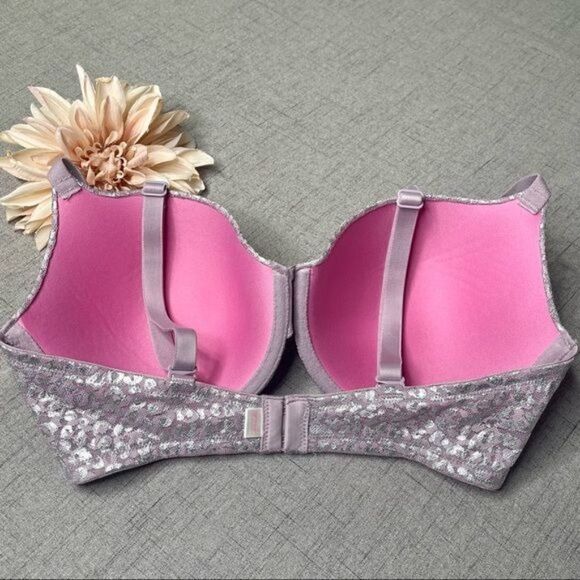 Victoria Secret Pink Wear Everywhere T Shirt Bra Purple & Silver Lace 34DD - Picture 6 of 9